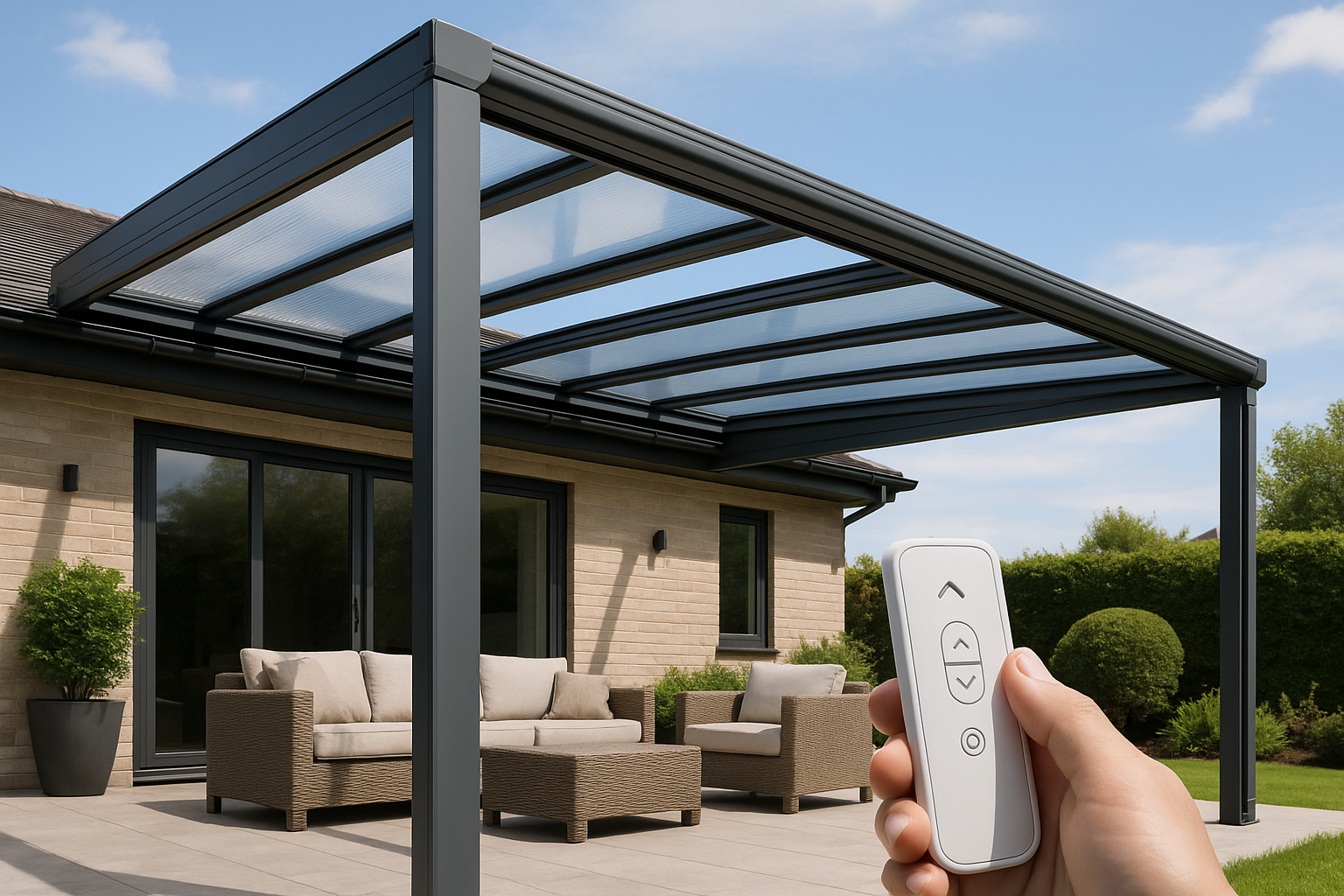 A fully motorized aluminum-framed retractable roof designed for homes and patios. Includes integrated guttering and UV-resistant polycarbonate panels. Remote-controlled operation with optional rain sensors