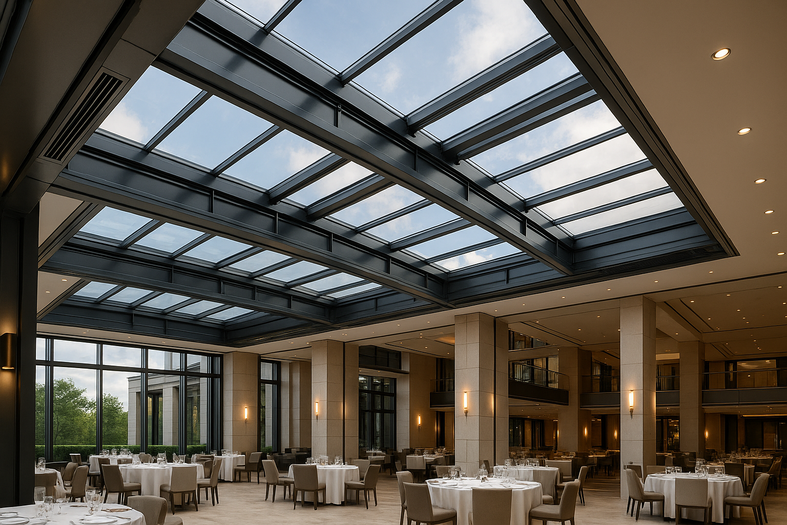 Engineered for large commercial spaces, this system features insulated glass panels, steel reinforcement, and automated ventilation. Perfect for restaurants, hotels, or malls seeking indoor-outdoor flexibility